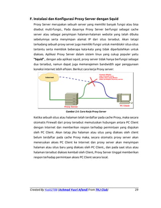 F. Instalasi dan Konfigurasi Proxy Server dengan Squid
Proxy Server merupakan sebuah server yang memiliki banyak fungsi atau bisa
disebut multi-fungsi., Pada dasarnya Proxy Server berfungsi sebagai cache
server atau sebagai penyimpan halaman-halaman website yang telah dibuka
sebelumnya serta menyimpan alamat IP dari situs tersebut. Akan tetapi
terkadang sebuah proxy server juga memiliki fungsi untuk memblokir situs-situs
tertentu serta memblok beberapa kata-kata yang tidak diperbolehkan untuk
diakses. Aplikasi Proxy Server dalam sistem linux yang cukup populer yaitu
“Squid”., dengan ada aplikasi squid, proxy server tidak hanya berfungsi sebagai
dua tersebut, namun dapat juga memanajemen bandwidth agar penggunaan
koneksi internet lebih efisien. Berikut cara kerja Proxy server:

Gambar 2.4. Cara Kerja Proxy Server

Ketika sebuah situs atau halaman telah terdaftar pada cache Proxy, maka secara
otomatis Firewall dari proxy tersebut memutuskan hubungan antara PC Client
dengan Internet dan memberikan respon terhadap permintaan yang diajukan
oleh PC Client. Akan tetap jika halaman atau situs yang diakses oleh client
belum terdaftar pada cache Proxy maka, secara otomatis proxy server akan
meneruskan akses PC Client ke Internet dan proxy server akan menyimpan
halaman atau situs baru yang diakses oleh PC Client., dan pada saat situs atau
halaman tersebut diakses kembali oleh Client, Proxy Server tinggal memberikan
respon terhadap permintaan akses PC Client secara local.

Created By Yusit2788 (Achmad Yusri Afandi From TKJ Club)

29

 