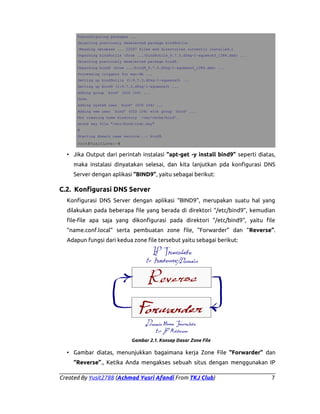 Preconfiguring packages ...
Selecting previously deselected package bind9utils.
(Reading database ... 22597 files and directories currently installed.)
Unpacking bind9utils (from .../bind9utils_9.7.3.dfsg-1~squeeze3_i386.deb) ...
Selecting previously deselected package bind9.
Unpacking bind9 (from .../bind9_9.7.3.dfsg-1~squeeze3_i386.deb) ...
Processing triggers for man-db ...
Setting up bind9utils (1:9.7.3.dfsg-1~squeeze3) ...
Setting up bind9 (1:9.7.3.dfsg-1~squeeze3) ...
Adding group `bind' (GID 106) ...
Done.
Adding system user `bind' (UID 104) ...
Adding new user `bind' (UID 104) with group `bind' ...
Not creating home directory `/var/cache/bind'.
wrote key file "/etc/bind/rndc.key"
#
Starting domain name service...: bind9.

root@YusitLove:~#

• Jika Output dari perintah instalasi “apt-get -y install bind9” seperti diatas,
maka instalasi dinyatakan selesai, dan kita lanjutkan pda konfigurasi DNS
Server dengan aplikasi “BIND9”, yaitu sebagai berikut:

C.2. Konfigurasi DNS Server
Konfigurasi DNS Server dengan aplikasi “BIND9”, merupakan suatu hal yang
dilakukan pada beberapa file yang berada di direktori “/etc/bind9”, kemudian
file-file apa saja yang dikonfigurasi pada direktori “/etc/bind9”, yaitu file
“name.conf.local” serta pembuatan zone file, “Forwarder” dan “Reverse”.
Adapun fungsi dari kedua zone file tersebut yaitu sebagai berikut:

Gambar 2.1. Konsep Dasar Zone File

• Gambar diatas, menunjukkan bagaimana kerja Zone File “Forwarder” dan
“Reverse”., Ketika Anda mengakses sebuah situs dengan menggunakan IP
Created By Yusit2788 (Achmad Yusri Afandi From TKJ Club)

7

 