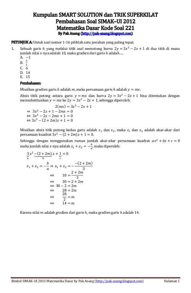 Pembahasan Soal Simak Ui 2012 Matematika Dasar Kode 221
