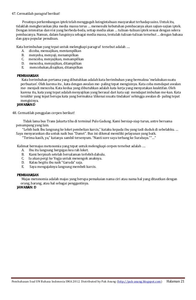 Pembahasan Soal Un Bahasa Indonesia Sma 2012