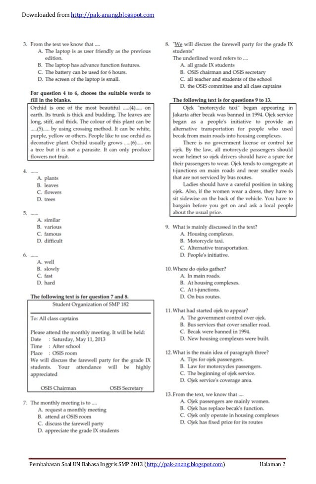 Pembahasan Soal Un Bahasa Inggris Smp 2013