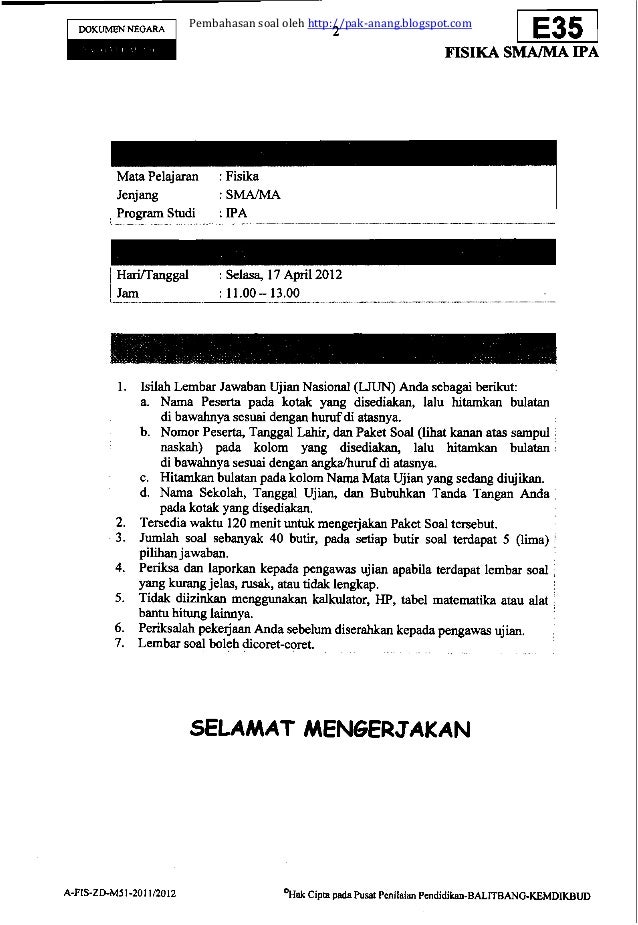 Pembahasan Soal Un Fisika Sma 2012 Paket E35 Zona D