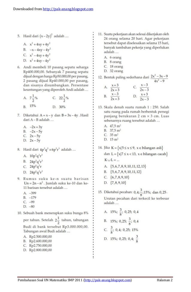 Pembahasan Soal Un Matematika Smp 2011