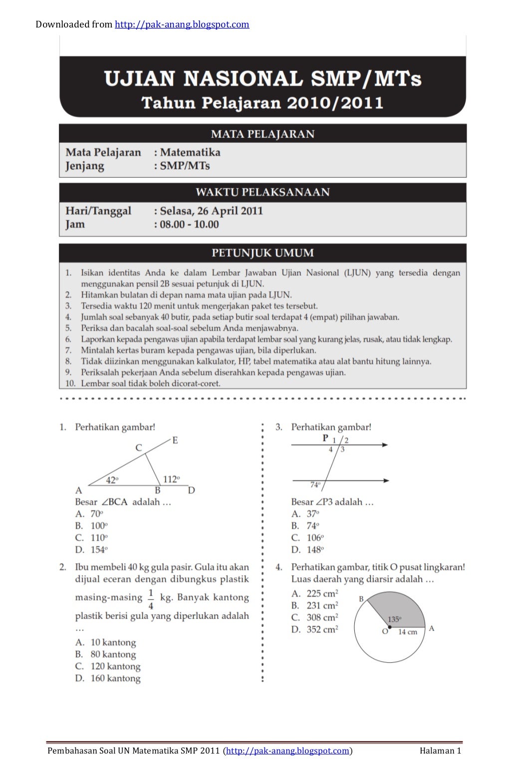 Pembahasan soal un matematika smp 2011