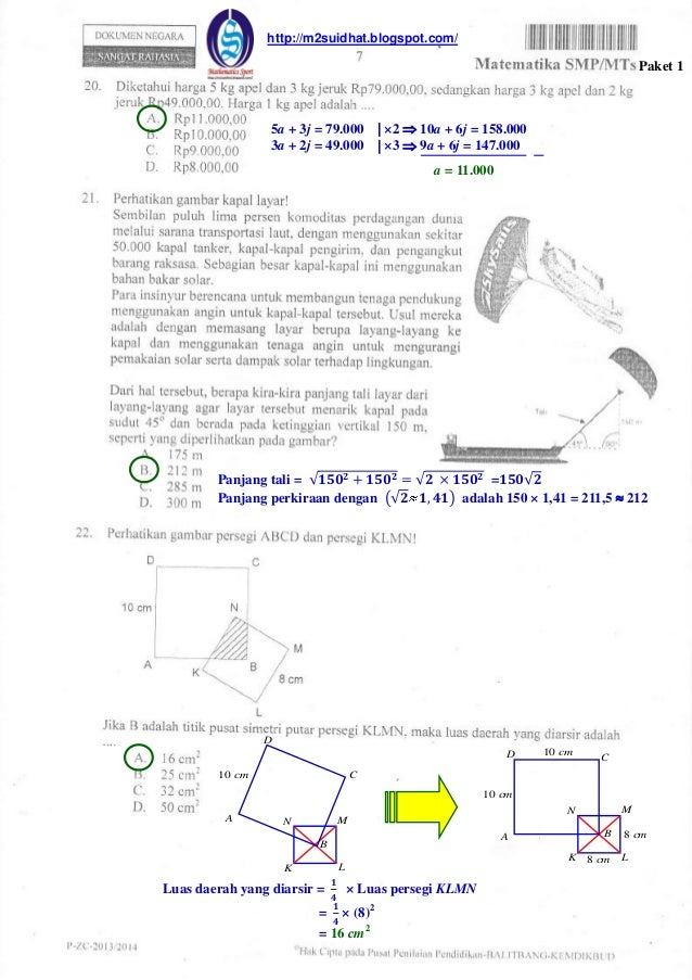 Pembahasan soal un matematika smp tahun 2014 paket 1www