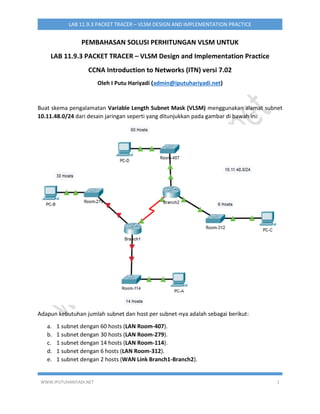 WWW.IPUTUHARIYADI.NET 1
LAB 11.9.3 PACKET TRACER – VLSM DESIGN AND IMPLEMENTATION PRACTICE
PEMBAHASAN SOLUSI PERHITUNGAN VLSM UNTUK
LAB 11.9.3 PACKET TRACER – VLSM Design and Implementation Practice
CCNA Introduction to Networks (ITN) versi 7.02
Oleh I Putu Hariyadi (admin@iputuhariyadi.net)
Buat skema pengalamatan Variable Length Subnet Mask (VLSM) menggunakan alamat subnet
10.11.48.0/24 dari desain jaringan seperti yang ditunjukkan pada gambar di bawah ini:
Adapun kebutuhan jumlah subnet dan host per subnet-nya adalah sebagai berikut:
a. 1 subnet dengan 60 hosts (LAN Room-407).
b. 1 subnet dengan 30 hosts (LAN Room-279).
c. 1 subnet dengan 14 hosts (LAN Room-114).
d. 1 subnet dengan 6 hosts (LAN Room-312).
e. 1 subnet dengan 2 hosts (WAN Link Branch1-Branch2).
 
