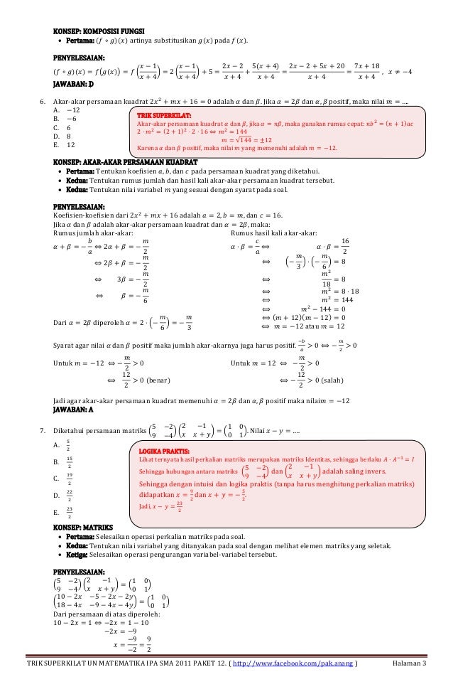 Pembahasan un matematika sma 2011 paket 12 plus trik