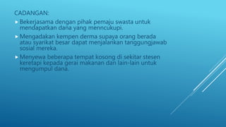CADANGAN:
 Bekerjasama dengan pihak pemaju swasta untuk
mendapatkan dana yang menncukupi.
 Mengadakan kempen derma supaya orang berada
atau syarikat besar dapat menjalankan tanggungjawab
sosial mereka.
 Menyewa beberapa tempat kosong di sekitar stesen
keretapi kepada gerai makanan dan lain-lain untuk
mengumpul dana.
 