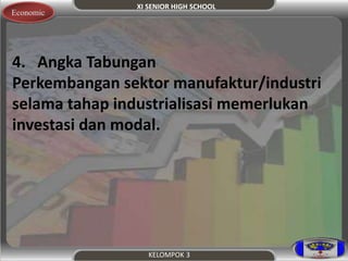 XI SENIOR HIGH SCHOOL 
KELOMPOK 3 
Economic 
4. Angka Tabungan 
Perkembangan sektor manufaktur/industri 
selama tahap industrialisasi memerlukan 
investasi dan modal. 
 