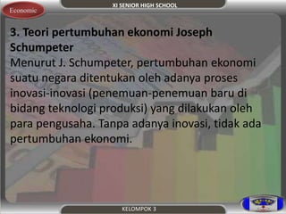 XI SENIOR HIGH SCHOOL 
KELOMPOK 3 
Economic 
. 3. Teori pertumbuhan ekonomi Joseph 
Schumpeter 
Menurut J. Schumpeter, pertumbuhan ekonomi 
suatu negara ditentukan oleh adanya proses 
inovasi-inovasi (penemuan-penemuan baru di 
bidang teknologi produksi) yang dilakukan oleh 
para pengusaha. Tanpa adanya inovasi, tidak ada 
pertumbuhan ekonomi. 
 