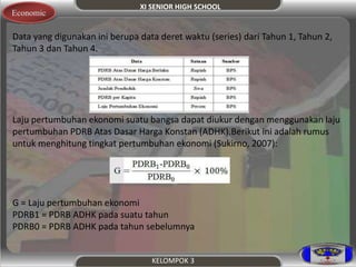 XI SENIOR HIGH SCHOOL 
KELOMPOK 3 
Economic 
.D ata yang digunakan ini berupa data deret waktu (series) dari Tahun 1, Tahun 2, 
Tahun 3 dan Tahun 4. 
Laju pertumbuhan ekonomi suatu bangsa dapat diukur dengan menggunakan laju 
pertumbuhan PDRB Atas Dasar Harga Konstan (ADHK).Berikut ini adalah rumus 
untuk menghitung tingkat pertumbuhan ekonomi (Sukirno, 2007): 
G = Laju pertumbuhan ekonomi 
PDRB1 = PDRB ADHK pada suatu tahun 
PDRB0 = PDRB ADHK pada tahun sebelumnya 
 