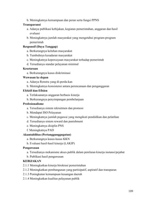 109
b. Meningkatnya kemampuan dan peran serta fungsi PPNS
Transparansi
a. Adanya publikasi kebijakan, kegiatan pemerintahan, anggaran dan hasil
evaluasi
b. Meningkatnya jumlah masyarakat yang mengetahui program-program
pemerintah
Responsif (Daya Tanggap)
a. Berkurangnya keluhan masyarakat
b. Tumbuhnya kesadaran masyarakat
c. Meningkatnya kepercayaan masyarakat terhadap pemerintah
d. Tersedianya standar pelayanan minimal
Kesetaraan
a. Berkurangnya kasus diskriminasi
Wawasan ke depan
a. Adanya Renstra yang di-perda-kan
b. Meningkatnya konsistensi antara perencanaan dan penganggaran
Efektif dan Efisien
a. Terlaksananya anggaran berbasis kinerja
b. Berkurangnya penyimpangan pembelanjaan
Profesionalisme
a. Tersedianya sistem rekruitmen dan promosi
b. Mendapat ISO Pelayanan
c. Meningkatnya jumlah pegawai yang mengikuti pendidikan dan pelatihan
d. Tersedianya sistem reward dan punishment
e. Meningkatnya disiplin PNS
f. Meningkatnya PAD
Akuntabilitas (Pertanggunggugatan)
a. Berkurangnya kasus-kasus KKN
b. Evaluasi hasil-hasil kinerja (LAKIP)
Pengawasan
a. Tersedianya mekanisme akses publik dalam penilaian kinerja instansi/pejabat
b. Publikasi hasil pengawasan
KEBIJAKAN
2.1.1 Meningkatkan kinerja birokrasi pemerintahan
2.1.2 Meningkatkan pembangunan yang partisipatif, aspiratif dan transparan
2.1.3 Peningkatan kemampuan keuangan daerah
2.1.4 Meningkatkan kualitas pelayanan publik
 