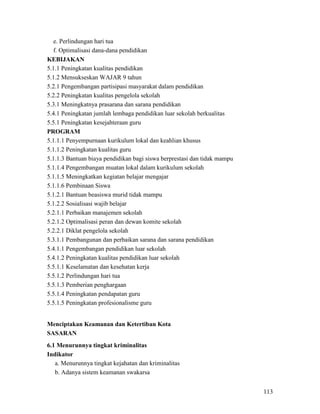 113
e. Perlindungan hari tua
f. Optimalisasi dana-dana pendidikan
KEBIJAKAN
5.1.1 Peningkatan kualitas pendidikan
5.1.2 Mensukseskan WAJAR 9 tahun
5.2.1 Pengembangan partisipasi masyarakat dalam pendidikan
5.2.2 Peningkatan kualitas pengelola sekolah
5.3.1 Meningkatnya prasarana dan sarana pendidikan
5.4.1 Peningkatan jumlah lembaga pendidikan luar sekolah berkualitas
5.5.1 Peningkatan kesejahteraan guru
PROGRAM
5.1.1.1 Penyempurnaan kurikulum lokal dan keahlian khusus
5.1.1.2 Peningkatan kualitas guru
5.1.1.3 Bantuan biaya pendidikan bagi siswa berprestasi dan tidak mampu
5.1.1.4 Pengembangan muatan lokal dalam kurikulum sekolah
5.1.1.5 Meningkatkan kegiatan belajar mengajar
5.1.1.6 Pembinaan Siswa
5.1.2.1 Bantuan beasiswa murid tidak mampu
5.1.2.2 Sosialisasi wajib belajar
5.2.1.1 Perbaikan manajemen sekolah
5.2.1.2 Optimalisasi peran dan dewan komite sekolah
5.2.2.1 Diklat pengelola sekolah
5.3.1.1 Pembangunan dan perbaikan sarana dan sarana pendidikan
5.4.1.1 Pengembangan pendidikan luar sekolah
5.4.1.2 Peningkatan kualitas pendidikan luar sekolah
5.5.1.1 Keselamatan dan kesehatan kerja
5.5.1.2 Perlindungan hari tua
5.5.1.3 Pemberian penghargaan
5.5.1.4 Peningkatan pendapatan guru
5.5.1.5 Peningkatan profesionalisme guru
Menciptakan Keamanan dan Ketertiban Kota
SASARAN
6.1 Menurunnya tingkat kriminalitas
Indikator
a. Menurunnya tingkat kejahatan dan kriminalitas
b. Adanya sistem keamanan swakarsa
 
