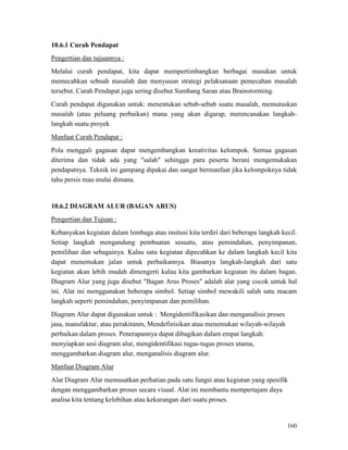 160
10.6.1 Curah Pendapat
Melalui curah pendapat, kita dapat mempertimbangkan berbagai masukan untuk
memecahkan sebuah masalah dan menyusun strategi pelaksanaan pemecahan masalah
tersebut. Curah Pendapat juga sering disebut Sumbang Saran atau Brainstorming.
Pengertian dan tujuannya :
Curah pendapat digunakan untuk: menentukan sebab-sebab suatu masalah, memutuskan
masalah (atau peluang perbaikan) mana yang akan digarap, merencanakan langkah-
langkah suatu proyek
Pola menggali gagasan dapat mengembangkan kreativitas kelompok. Semua gagasan
diterima dan tidak ada yang "salah" sehingga para peserta berani mengemukakan
pendapatnya. Teknik ini gampang dipakai dan sangat bermanfaat jika kelompoknya tidak
tahu persis mau mulai dimana.
Manfaat Curah Pendapat :
10.6.2 DIAGRAM ALUR (BAGAN ARUS)
Pengertian dan Tujuan :
Kebanyakan kegiatan dalam lembaga atau insitusi kita terdiri dari beberapa langkah kecil.
Setiap langkah mengandung pembuatan sesuatu, atau pemindahan, penyimpanan,
pemilihan dan sebagainya. Kalau satu kegiatan dipecahkan ke dalam langkah kecil kita
dapat menemukan jalan untuk perbaikannya. Biasanya langkah-langkah dari satu
kegiatan akan lebih mudah dimengerti kalau kita gambarkan kegiatan itu dalam bagan.
Diagram Alur yang juga disebut "Bagan Arus Proses" adalah alat yang cocok untuk hal
ini. Alat ini menggunakan beberapa simbol. Setiap simbol mewakili salah satu macam
langkah seperti pemindahan, penyimpanan dan pemilihan.
Diagram Alur dapat digunakan untuk : Mengidentifikasikan dan menganalisis proses
jasa, manufaktur, atau perakitanm, Mendefinisikan atau menemukan wilayah-wilayah
perbaikan dalam proses. Penerapannya dapat dibagikan dalam empat langkah:
menyiapkan sesi diagram alur, mengidentifikasi tugas-tugas proses utama,
menggambarkan diagram alur, menganalisis diagram alur.
Manfaat Diagram Alur
Alat Diagram Alur memusatkan perhatian pada satu fungsi atau kegiatan yang spesifik
dengan menggambarkan proses secara visual. Alat ini membantu mempertajam daya
analisa kita tentang kelebihan atau kekurangan dari suatu proses.
 