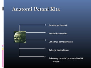 Anatomi Petani Kita

              Jumlahnya banyak


              Pendidikan rendah


              Lahannya sempit/Miskin


              Bekerja tidak efisien


              Teknologi rendah/ produktivitas/KK
                 rendah
 