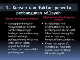 3. Konsep dan faktor penentu
pembangunan wilayah
Konsep Pembangunan Wilayah
Faktor penentu Pembangunan
wilayah
 Konsep pembangunan
wilayah berbasis karakter
sumber daya dengan
berbagai pendekatan yang
berbasis strategis,
penataan ruang, kerjasama
antar sektor, klaster (
gugus), komoditas,
efisiensi dan peran pelaku
pembangunan
 Blakely: besar nya
kesempatan kerja, basis
pembangunan daerah, aset
lokasi berupa keunggulan
sumber daya yang
kompetitif disetiap daerah.
 Faktor lain: topografi,
klimatologis, hidrografi,
sumber daya hayati dan
faktor demografi.
 