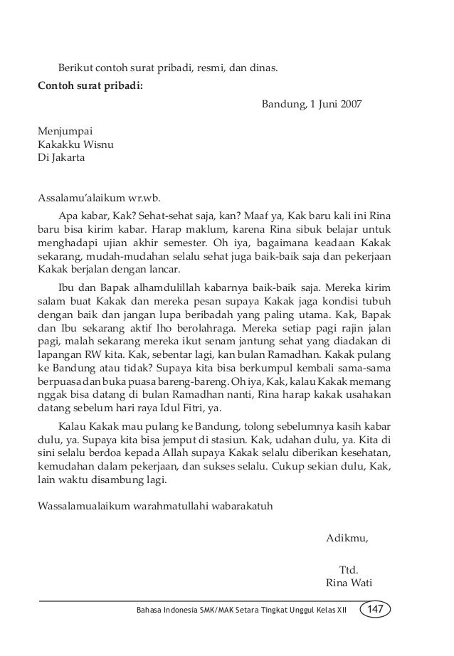 Contoh Surat Pribadi Dalam Bahasa Indonesia