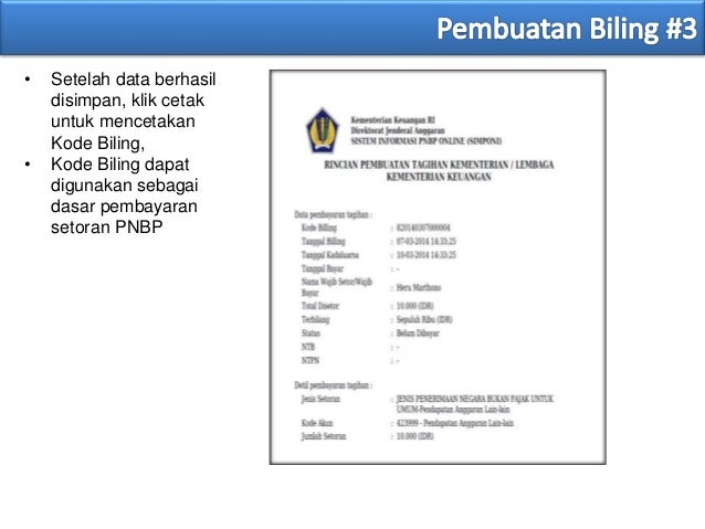 Pembayaran dan penyetoran PNBP dengan billing dalam SI 