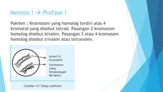 Meiosis I  Profase I
Pakiten : Kromosom yang homolog terdiri atas 4
kromatid yang disebut tetrad. Pasangan 2 kromosom
homolog disebut bivalen. Pasangan 3 atau 4 kromosom
homolog disebut trivalen atau tetravalen.

 