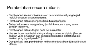 Pembelahan secara mitosis
• Pembelahan secara mitosis adalah pembelahan sel yang terjadi
melalui tahapan-tahapan tertentu.
• Pembelahan mitosis menghasilkan dua sel anakan.
• Setiap sel anakan mengandung jumlah kromosom yang sama
dengan induknya.
• Pembelahan mitosis terjadi pada sel eukariotik.
• Jika sel induk membelah mengandung kromosom diploid (2n), sel
anakan yang dihasilkan dari pembelahan mitosis adalah dua sel
anakan yang juga diploid (2n).
• Dengan kata lain, pembelahan mitosis menghasilkan dua sel anakan
identik.
 