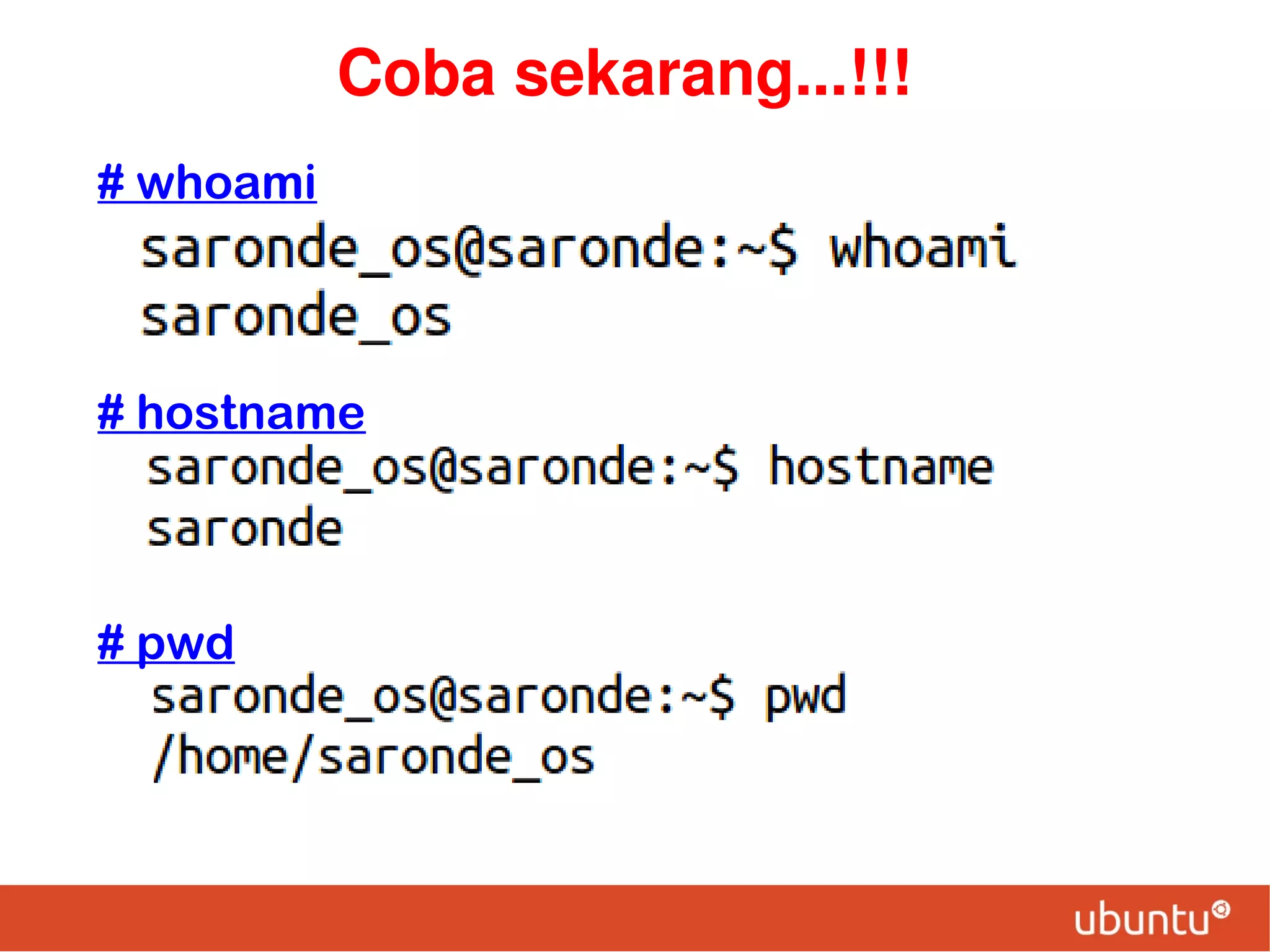 Coba sekarang...!!!
# whoami

# hostname

# pwd

 