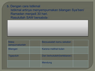 b. Dengan cara Istikmal
   Istikmal artinya menyempurnakan bilangan Sya’ban/
   Ramadan menjadi 30 hari.
   Rasulullah SAW bersabda :




 Maka                  Berpuasalah kamu sekalian
 sempurnakanlah
 Bilangan              Karena melihat bulan

 Tigapuluh             Dan berbukalah(berlebaran)

                       Mendung
 