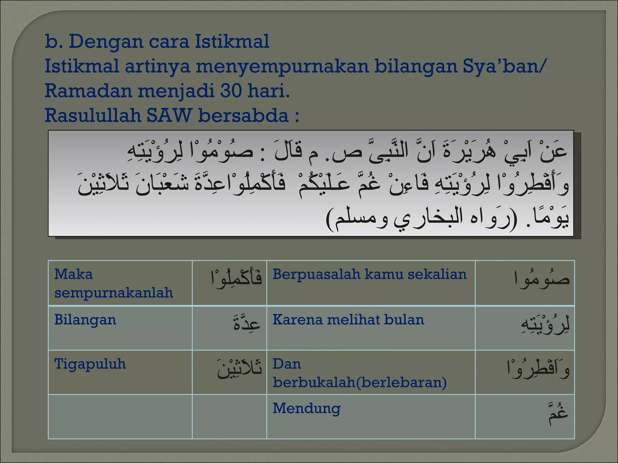 b. Dengan cara Istikmal
Istikmal artinya menyempurnakan bilangan Sya’ban/
Ramadan menjadi 30 hari.
Rasulullah SAW bersabda :
           ‫ال ص م لر يته‬
           ِ ِ َ ْ‫َنْ َ ِيْ ُ َيْ َ َ َ ّ ال ّ ِ ّ ص. م قَ َ : ُوْ ُوْا ِ ُؤ‬
                                                  ‫ع اب هر رة ان نبى‬
   ‫وأ طر لر يته ف ء غم ع ل ك فأ مل عدة ش ب ن ث َث ن‬
   َ ْ‫ََفْ ِ ُوْا ِ ُؤْ َ ِ ِ َا ِنْ ُ ّ َـَيْ ُمْ ََكْ ُِوْا ِ ّ َ َعْ َا َ َل ِي‬
                                            (‫َوْ ًا. ) َواه البخاري ومسلم‬
                                                                       ‫ي م ر‬
Maka                                 Berpuasalah kamu sekalian
sempurnakanlah
                        ‫ََكْ ُِوْا‬
                           ‫فأ مل‬                                         ‫ُو ُوا‬
                                                                           ‫ص م‬
Bilangan                             Karena melihat bulan
                            ‫عدة‬
                            َّ ِ                                          ‫لر يته‬
                                                                          ِ ِ َ ْ‫ِ ُؤ‬
Tigapuluh                            Dan
                         ‫ثلث ن‬
                         َ ْ‫َ َ ِي‬   berbukalah(berlebaran)
                                                                        ‫ََفْ ِ ُوْا‬
                                                                           ‫وا طر‬
                                     Mendung
                                                                                ‫غم‬
                                                                                ُّ
 