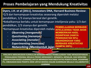 128
Proses Pembelajaran yang Mendukung Kreativitas
Dyers, J.H. et al [2011], Innovators DNA, Harvard Business Review:
•2/3 dari kemampuan kreativitas seseorang diperoleh melalui
pendidikan, 1/3 sisanya berasal dari genetik.
•Kebalikannya berlaku untuk kemampuan intelijensia yaitu: 1/3 dari
pendidikan, 2/3 sisanya dari genetik.
•Kemampuan kreativitas diperoleh melalui:
- Observing [mengamati]
- Questioning [menanya]
- Associating [menalar]
- Experimenting [mencoba]
- Networking [Membentuk jejaring]
Personal
Inter-personal
PERLUNYA MERUMUSKAN KURIKULUM BERBASIS PROSES PEMBELAJARAN YANG MENGEDEPANKAN
PENGALAMAN PERSONAL MELALUI PROSES MENGAMATI, MENANYA, MENALAR, DAN MENCOBA
[OBSERVATION BASED LEARNING] UNTUK MENINGKATKAN KREATIVITAS PESERTA DIDIK. DISAMPING
ITU, DIBIASAKAN BAGI PESERTA DIDIK UNTUK BEKERJA DALAM JEJARINGAN MELALUI COLLABORATIVE
LEARNING
128128
PEMBELAJARAN BERBASIS
INTELEJENSIA TIDAK AKAN
MEMBERIKAN HASIL
SIGINIFIKAN (HANYA
PENINGKATAN 50%)
DIBANDINGKAN YANG
BERBASIS KREATIVITAS
(SAMPAI 200%)
 