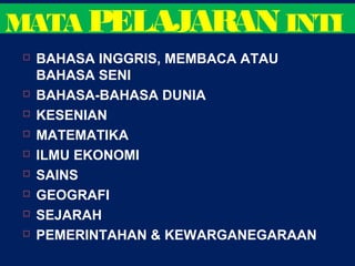  BAHASA INGGRIS, MEMBACA ATAU
BAHASA SENI
 BAHASA-BAHASA DUNIA
 KESENIAN
 MATEMATIKA
 ILMU EKONOMI
 SAINS
 GEOGRAFI
 SEJARAH
 PEMERINTAHAN & KEWARGANEGARAAN
MATA PELAJARANINTI
 