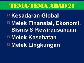  Kesadaran Global
 Melek Finansial, Ekonomi,
Bisnis & Kewirausahaan
 Melek Kesehatan
 Melek Lingkungan
TEMA-TEMA ABAD21
 
