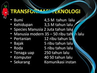 TRANSFORMASI TEKNOLOGI
• Bumi 4,5 M tahun lalu
• Kehidupan 3,5 M tahun lalu
• Species Manusia 2 Juta tahun lalu
• Manusia modern 35 – 50 ribu tahun lalu
• Pertanian 12 ribu tahun lalu
• Bajak 5 ribu tahun lalu
• Roda 5 ribu tahun lalu
• Tenaga uap 250 tahun lalu
• Komputer 40 50 tahun lalu
• Sekarang Komunikasi instan
 