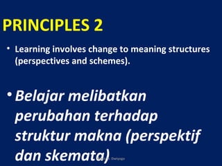 PRINCIPLES 2
• Learning involves change to meaning structures
(perspectives and schemes).
•Belajar melibatkan
perubahan terhadap
struktur makna (perspektif
dan skemata)Wasis D. Dwiyogo
 