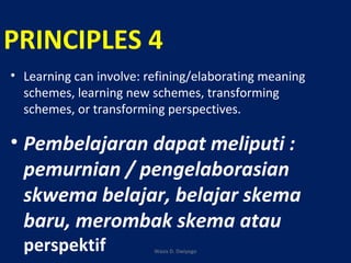 PRINCIPLES 4
• Learning can involve: refining/elaborating meaning
schemes, learning new schemes, transforming
schemes, or transforming perspectives.
• Pembelajaran dapat meliputi :
pemurnian / pengelaborasian
skwema belajar, belajar skema
baru, merombak skema atau
perspektif Wasis D. Dwiyogo
 