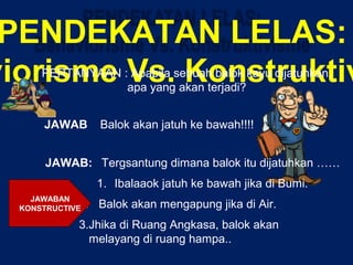 PENDEKATAN LELAS:
viorisme Vs. KonstruktivPERTANYAAN : Apabila sebuah balok kayu dijatuhkan,
apa yang akan terjadi?
JAWAB Balok akan jatuh ke bawah!!!!
JAWAB: Tergsantung dimana balok itu dijatuhkan ……
3.Jhika di Ruang Angkasa, balok akan
melayang di ruang hampa..
1. Ibalaaok jatuh ke bawah jika di Bumi.
2. Balok akan mengapung jika di Air.
JAWABAN
KONSTRUCTIVE
 