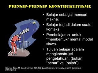 PRINSIP-PRINSIP KONSTRUKTIVISME
• Belajar sebagai mencari
makna.
• Belajar terjadi dalam suatu
konteks
• Pembelajaran untuk
“membentuk” mental model
siswa.
• Tujuan belajar adalam
mengkonstruksi
pengetahuan. (bukan
“benar” vs. “salah”)
(Source: Zolar, M. Constructivism 101. NC Quest Program, University of North Carolina at
Wilmington.)
 