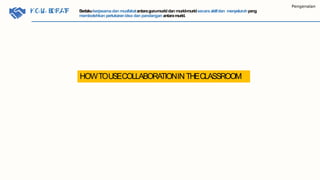 KKOOMLAUNBOIKRAASTIIF
Pengenalan
Berlakukerjasamadan muafakatantaraguru-muriddan murid-muridsecara aktifdan menyeluruhyang
membolehkan pertukaranidea dan pandangan antaramurid.
HOWTOUSECOLLABORATIONINTHECLASSROOM
 