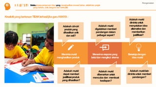Pengenalan
KKORMEAUTNIVIKITAISIBerlakuprosespenjanaan idea yang menghasilkaninovasibahan, aktivitidan projek
yang baharu,unik,bergunadan berkualiti.
KreativitiyangberkesanTIDAKterhasiljikaguruHANYA:
Memintamurid
menghasilkanproduk
Menerimaresponsyang
betuldan mengikut skema
Bersetujudengan
idea murid
Adakahciri-ciri
produkyang
dihasilkanunik
danasli?
Adakah murid
dapat memberi
justifikasiproduk
yangdihasilkan?
Adakah murid
digalakkanmemberi
pandangandalam
pelbagai aspek?
Adakah murid
dibenarkanuntuk
mencuba dan membuat
kesilapan?
Adakah muridlain
dimintauntuk memberi
pandangan?
Adakahmurid
dimintauntuk
menyatakanidea
alternativedan
memberikan
justifikasi?
 