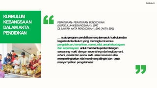 Kurikulum
KURIKULUM
KEBANGSAAN
DALAMAKTA
PENDIDIKAN
PERATURAN- PERATURAN PENDIDIKAN
(KURIKULUM KEBANGSAAN) 1997
DIBAWAH AKTA PENDIDIKAN 1996 (AKTA 550)
… suatuprogrampendidikanyangtermasuk kurikulumdan
kegiatankokurikulumyang merangkumisemua
pengetahuan,kemahiran, norma,nilai,unsurkebudayaan
dankepercayaan untukmembantuperkembangan
seseorangmurid dengansepenuhnyadarisegijasmani,
rohani, mentaldanemosisertauntukmenanamdan
mempertingkatkannilaimoralyangdiinginidan untuk
menyampaikan pengetahuan.
 