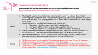 Aktiviti
1. Murid dipilih untuk menceritakan satu keistimewaan negeri yang biasa dilawati dan
dibimbing untuk mengenal pasti keistimewaan negeri yang dinyatakan (pakaian, makanan,
lokasi dan lain-lain). Guru bersoaljawab dengan murid tentang keistimewaan negeri-negeri
yang dipilih.
2. Murid dibahagikan kepada 3 kumpulan untuk berbincang :
i. Kumpulan 1:Keistimewaan negeri dari aspeksejarah
ii. Kumpulan 2:5 kaum atau etnik yang terdapat di Malaysia
iii. Kumpulan 3:Perayaan yang dirayakan oleh kaum-kaum di Malaysia.
3. Setiap kumpulan diminta untuk menghasilkan satu peta pemikiran tentang tugasan dan
ditampal di sudut kelas mengikut stesen masing-masing untuk aktiviti Gallery Walk.
4. Guru bersoal jawab dan berbincang dengan murid berkaitan keunikan warisan negeri,
kaum dan etnik serta perayaan yang disambut oleh rakyat Malaysia.
Refleksi
1. 30/35 murid dapat menyenaraikan 2 keunikan warisan sejarah bagi 5 negeri di Malaysia.
2. 35/35 murid dapat menamakan 5 kaum dan etnik di Malaysia.
3. 5/5 murid yang dipilih dapat menceritakan perayaan bagi 5 kaum dan etnik di Malaysia.
4. 35/35 murid dapat menjelaskan 2 kepentingan mengamalkan sikap hormat dan berhemah
dalam kehidupan. Beri beberapa contohlain
CONTOHRPHSECARAMODULAR
Menggabungkanduaataulebihstandardkandungan dan standardpembelajaran dalam RPHyang
disusunsecara sistematikdenganpelbagaistrategiPdPdanfleksibel
Kurikulum
 