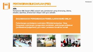 Pentaksiran
PENTAKSIRANBILIKDARJAH(PBD)
APA
Pentaksiran Bilik Darjah (PBD) adalah satu pentaksiran yang dirancang, dibina,
ditadbir, diperiksa, direkod dan dilapor oleh guru sekolah.
BAGAIMANAKAHPERKEMBANGANPEMBELAJARANMURIDDINILAI?
Perkembanganpembelajaranmuriddalam PBDdinilaiberdasarkan Tahap
Penguasaanmuriddenganmenggunakanpendekatan pertimbanganprofesional
(professionaljudgement) gurumelalui pentaksiranformatifdan sumatif.
 