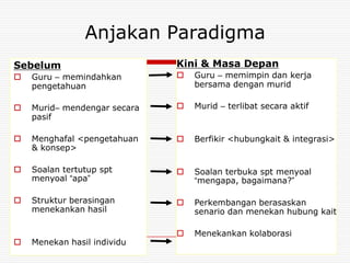 Anjakan Paradigma
Sebelum                       Kini & Masa Depan
   Guru – memindahkan           Guru – memimpin dan kerja
    pengetahuan                   bersama dengan murid

   Murid– mendengar secara      Murid – terlibat secara aktif
    pasif

   Menghafal <pengetahuan       Berfikir <hubungkait & integrasi>
    & konsep>

   Soalan tertutup spt          Soalan terbuka spt menyoal
    menyoal “apa”                 “mengapa, bagaimana?”

   Struktur berasingan          Perkembangan berasaskan
    menekankan hasil              senario dan menekan hubung kait

                                 Menekankan kolaborasi
   Menekan hasil individu
                                                                  3
 