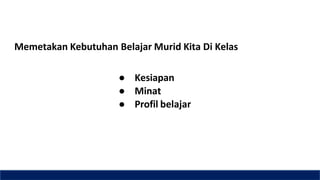 Memetakan Kebutuhan Belajar Murid Kita Di Kelas
● Kesiapan
● Minat
● Profil belajar
 