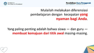 Mulailah melakukan diferensiasi
pembelajaran dengan kecepatan yang
nyaman bagi Anda.
Yang paling penting adalah bahwa siswa — dan guru —
membuat kemajuan dari titik awal masing-masing.
 