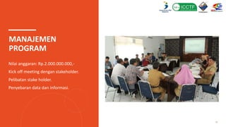 MANAJEMEN
PROGRAM
Nilai anggaran: Rp.2.000.000.000,-
Kick off meeting dengan stakeholder.
Pelibatan stake holder.
Penyebaran data dan informasi.
13
 