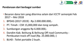 Pendanaan dari berbagai sumber
• Besaran dana lain yang diterima selain dari ICCTF semenjak Feb
2017 – Mei 2018
1. BPDAS (2017-2019) : Rp 2.000.000.000,-
2. PT. Timah : CSR 15,000,000 dan tong sampah.
3. Sumbangan anggota Rp 6.000.000,-
4. Dandim Kab. Belitung & Belitung Off road Community :
Pembuatan track off road (Rp. 25.000.000,-)
5. BLHD : Toilet portable 2 buah.
 