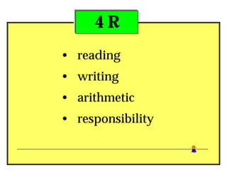 4R
• reading
• writing
• arithmetic
• responsibility
 