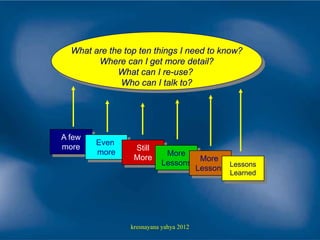 What are the top ten things I need to know?
        Where can I get more detail?
             What can I re-use?
              Who can I talk to?




A few
        Even
more              Still
        more                 More
                  More                    More
                            Lessons              Lessons
                                         Lessons
                                                 Learned




                 kresnayana yahya 2012
 