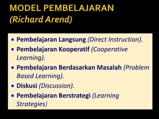  Pembelajaran Langsung (Direct Instruction).
 Pembelajaran Kooperatif (Cooperative
Learning).
 Pembelajaran Berdasarkan Masalah (Problem
Based Learning).
 Diskusi (Discussion).
 Pembelajaran Berstrategi (Learning
Strategies)
 
