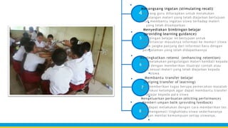 Merangsang ingatan (stimulating recall)
4Seorang guru diharapkan untuk melakukan
pengulangan materi yang telah diajarkan bertujuan
untuk membantu ingatan siswa terhadap materi
yang telah disampaikan
Menyediakan bimbingan belajar
(providing learning guidance)
5 Bimbingan belajar ini bertujuan untuk
memperlancar masuknya informasi ke memori siswa
dalam jangka panjang dari informasi baru dengan
pengalaman yang telah didapatkannya
Meningkatkan retensi (enhancing retention)
Guru melakukan pengulangan materi kembali kepada
6siswa dengan memberikan illustrasi contoh atau
kasus sesuai materi yang telah diajarkan kepada
siswa
Membantu transfer belajar
(helping transfer of learning)
G7uru memberikan tugas berupa pemecahan masalah
dan diskusi kelompok agar dapat membantu transfer
belajar kepada para siswa
Mengeluarkan perbuatan (eliciting performance)
Memberi umpan balik (providing feedback)
Guru dapat melakukan dengan cara memberikan tes
8atau mengamati tingkahlaku siswa sederhananya
dengan menilai kemampuan setiap siswanya.
 