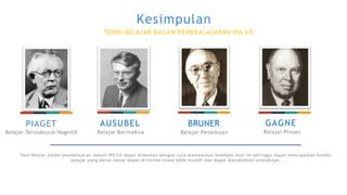 PIAGET
Belajar Terstuktural/Kognitif
AUSUBEL
Belajar Bermakna
BRUNER
Belajar Penemuan
Teori Belajar dalam pembelajaran materi IPA S D dapat dilakukan dengan cara memadukan keempat teori ini sehingga dapat mencipatkan kondisi
belajar yang benar-benar dapat di terima siswa lebih mudah dan dapat dipraktekan setelahnya.
Kesimpulan
TEORI BELAJAR DALAM PEMEBALAJARAN IPA SD
GAGNE
Belajar Proses
 